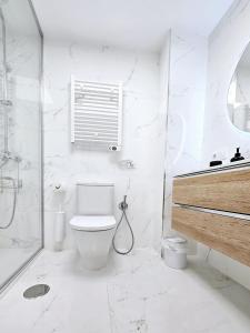 a white bathroom with a toilet and a shower at Apartamento Vetalegua Jerez in Jerez de la Frontera +12 photos