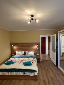 een slaapkamer met een bed en een plafondventilator bij Quiet flat with balcony, free parking included in Cluj-Napoca