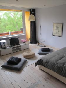 a bedroom with a bed and a television and a window at Liepaja Pine Apartment in Liepāja