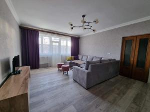 ein Wohnzimmer mit einem Sofa, einem Tisch und einem TV in der Unterkunft Cozy apartment with 5 bedrooms, whole apartment, апартмент целиком in Dilidschan