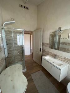 bagno con lavandino, doccia e servizi igienici di Casa Nonna Ada a Cisterna dʼAsti