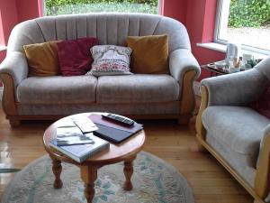 ein Wohnzimmer mit einem Sofa und einem Couchtisch in der Unterkunft Blossom Hill Bed and Breakfast in Killaloe