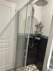 um chuveiro com uma porta de vidro na casa de banho em Studio calme em Mitry-Mory