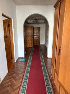 a hallway with a red carpet in a room with wooden doors at M-otel in Karakol