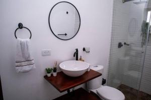 een badkamer met een wastafel, een spiegel en een douche bij Soare Country house in Zipaquirá