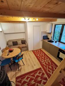 a small room with a table and a kitchen at Tiny House Stefana with garden in Transylvania 