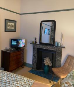 um quarto com uma lareira com um espelho e uma televisão em Luxury flat in Totnes em Totnes