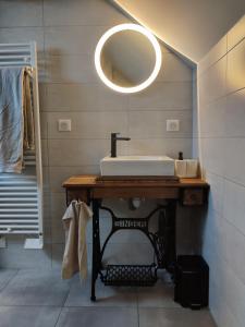 La salle de bains est pourvue d'un lavabo et d'un miroir. dans l'établissement Appartement Cosy, à Sausheim