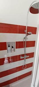 a shower in a bathroom with red and white stripes at A 2 passi da tutto in Trapani