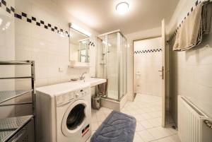 a bathroom with a washing machine and a sink at Schlossquadrat Apartement 14 A in Vienna