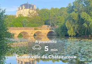 Le Haussmann ⸱ Stationnement gratuit ⸱ Fibre في Déols: جسر فوق نهر مع قلعة في الخلفية