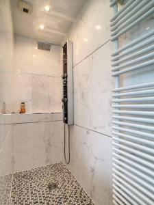 een badkamer met een douche en een glazen deur bij Oasis urbaine à LYON - jardin& jacuzzi in Lyon