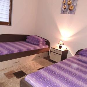 1 Schlafzimmer mit 2 Betten mit violetter Bettwäsche und einer Lampe in der Unterkunft Kuca za odmor Drina & Tara in Bajina Bašta
