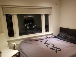 Ce lit se trouve dans un dortoir doté d'une fenêtre. dans l'établissement Luminous appartment - Juliana Park free parking, à Utrecht