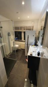 a kitchen with a refrigerator and a sink and a shower at Luminous appartment - Juliana Park free parking in Utrecht