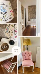 a collage of photos with a pink chair and a bedroom at MaSaLa Otel in Alaçatı