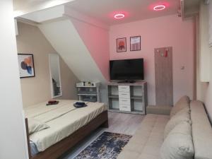 a living room with a bed and a tv at Blue Carpet Rooms in Niš