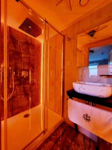 尤斯托尼莫斯基Villa Blue Mare的带玻璃淋浴和水槽的浴室