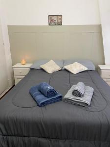 Depto La Boca في بوينس آيرس: سرير ووسادتين زرقاوين عليه