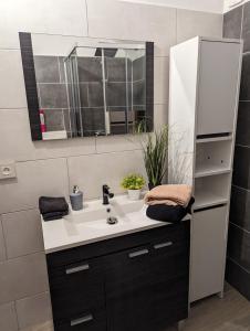 W łazience znajduje się umywalka i lustro. w obiekcie Appartement 30m² w mieście Pourrières