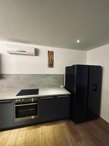 cocina con nevera negra y fogones en Apartment Baicu Zell am See, en Zell am See
