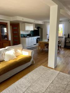 een woonkamer met een bank en een keuken bij Le Pistachier - Maison cozy avec jardin privatif in Saint-Jean-de-Védas