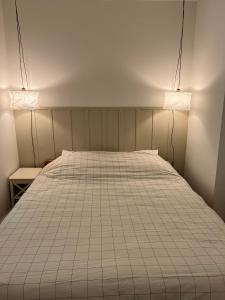 Una cama con dos luces encima. en Le Pistachier - Maison cozy avec jardin privatif, en Saint-Jean-de-Védas