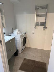 a laundry room with a washing machine and a sink at Snäckbacken in Visby