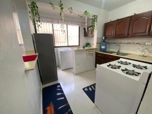 a kitchen with a stove and a white refrigerator at Santiago Monumental Area Cozy 3 bedrooms Apartment for 7 peoples - transportation 24 hours-9 in Santiago de los Caballeros