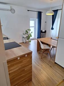cocina y sala de estar con mesa y comedor en Flataid Apartment Elisabethinergasse, en Graz