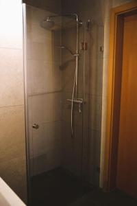 a shower with a glass door in a bathroom at Lovely Modern 1 BR apartment in Luxembourg