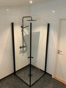 a shower in a bathroom with a glass wall at Sivert´s kontorhotell in Tomrefjord