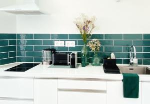 a kitchen with green tiles on the wall and a sink at Le Studio Design ⸱ Stationnement gratuit ⸱ Fibre in Déols