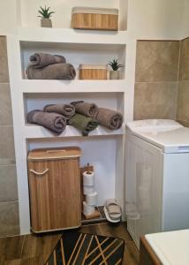 a bathroom with a washing machine and towels on shelves at Oaza031 in Užice