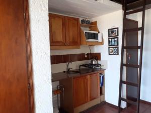 a small kitchen with wooden cabinets and a microwave at Apto frente al mar en La paloma in La Paloma
