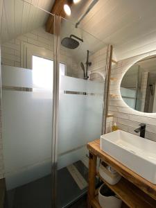 La salle de bains est pourvue d'une douche et d'un lavabo. dans l'établissement La Kaz montagne, à Briançon