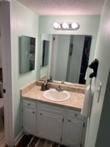 a bathroom with a sink and a large mirror at Bearadise Retreat At English Mountain Condo in Sevierville