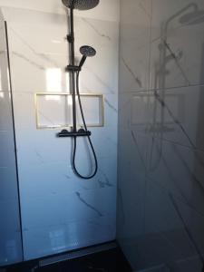 a shower in a bathroom with a glass wall at Pohorsko-chata in Pohorsko