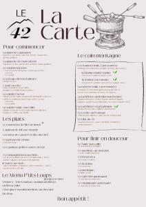 une page d'un menu pour un café dans l'établissement Hôtel Le White - Le 42 Restaurant, à Champéry