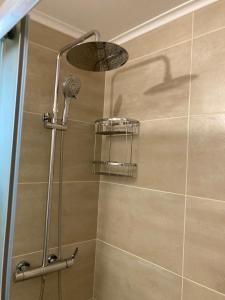 a shower with a shower head in a bathroom at Kalliopi Beach house in Kalliópi