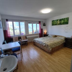 a bedroom with a bed and a desk and a sink at THE BEST LAKE HOUSE -3 minutes to the train in Spiez