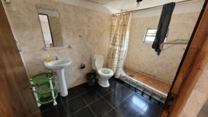 y baño con lavabo, aseo y ducha. en Hostel Haus en Puerto Iguazú