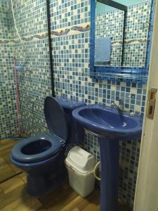 y baño con aseo azul y lavamanos. en Cabaña del lago en Ciudad del Este