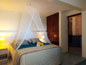 a bedroom with a bed with a mosquito net at Maison charmante à Le Diamant avec vue sur mer et jardin in Le Diamant