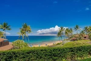 a view of a beach with palm trees and the ocean at MAKENA SURF, #C-103 condo in Wailea