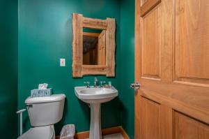 een badkamer met een toilet, een wastafel en een spiegel bij Boyne Mountain Disciples Village Unit 660 in Boyne Falls