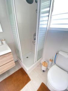 a bathroom with a shower and a white toilet at The Happy Place in Marigot +6 photos