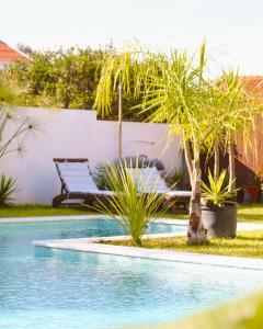 a swimming pool with a bench and palm trees at Vila Vale Guest House - Surf & Yoga in Charneca