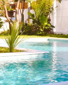 uma piscina com água azul e plantas em Vila Vale Guest House - Surf & Yoga em Charneca de Caparica