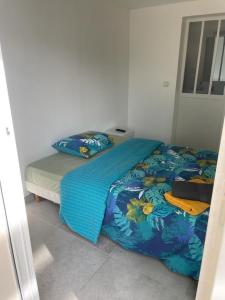 ein Bett mit blauer Decke in einem Schlafzimmer in der Unterkunft Studio proche PARIS-orly in Sainte-Geneviève-des-Bois